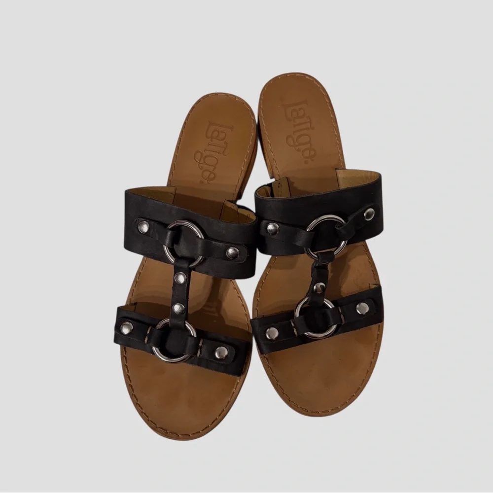 Latigo Rush Black Leather Women's Sandals Block Heel Slip-On Leather Sandals